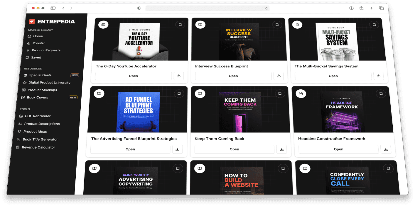 Entrepedia Master Library dashboard